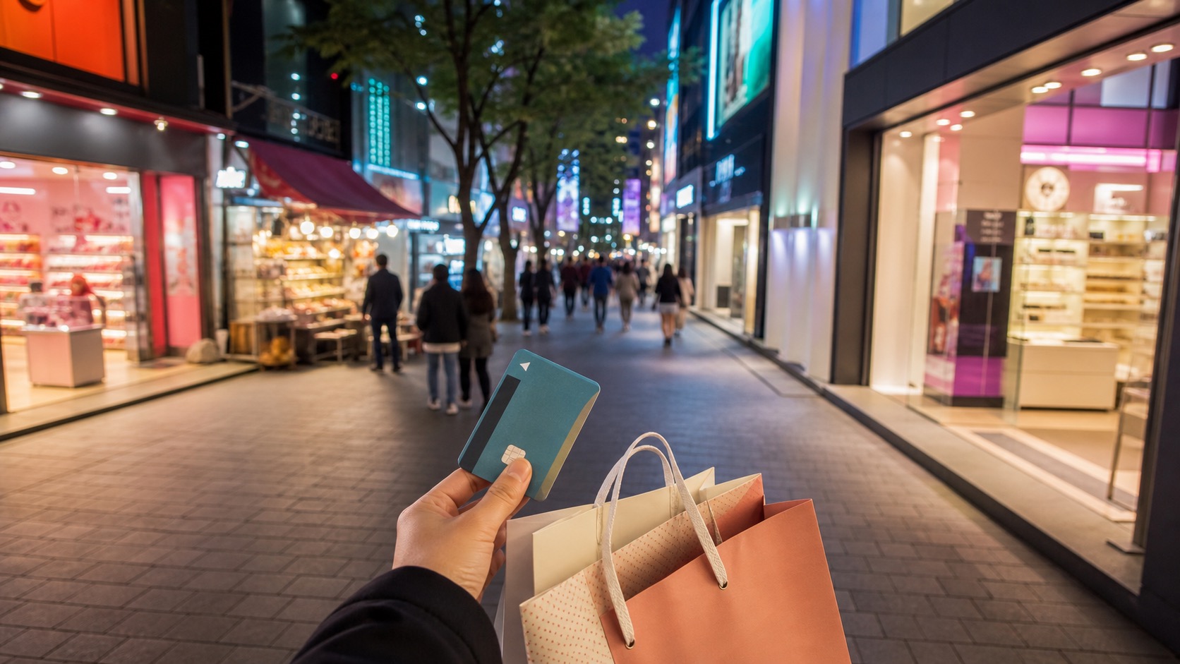 Myeongdong evening light shopping street with cosmetics store glow, small shopping bags, and first-time visitor mood