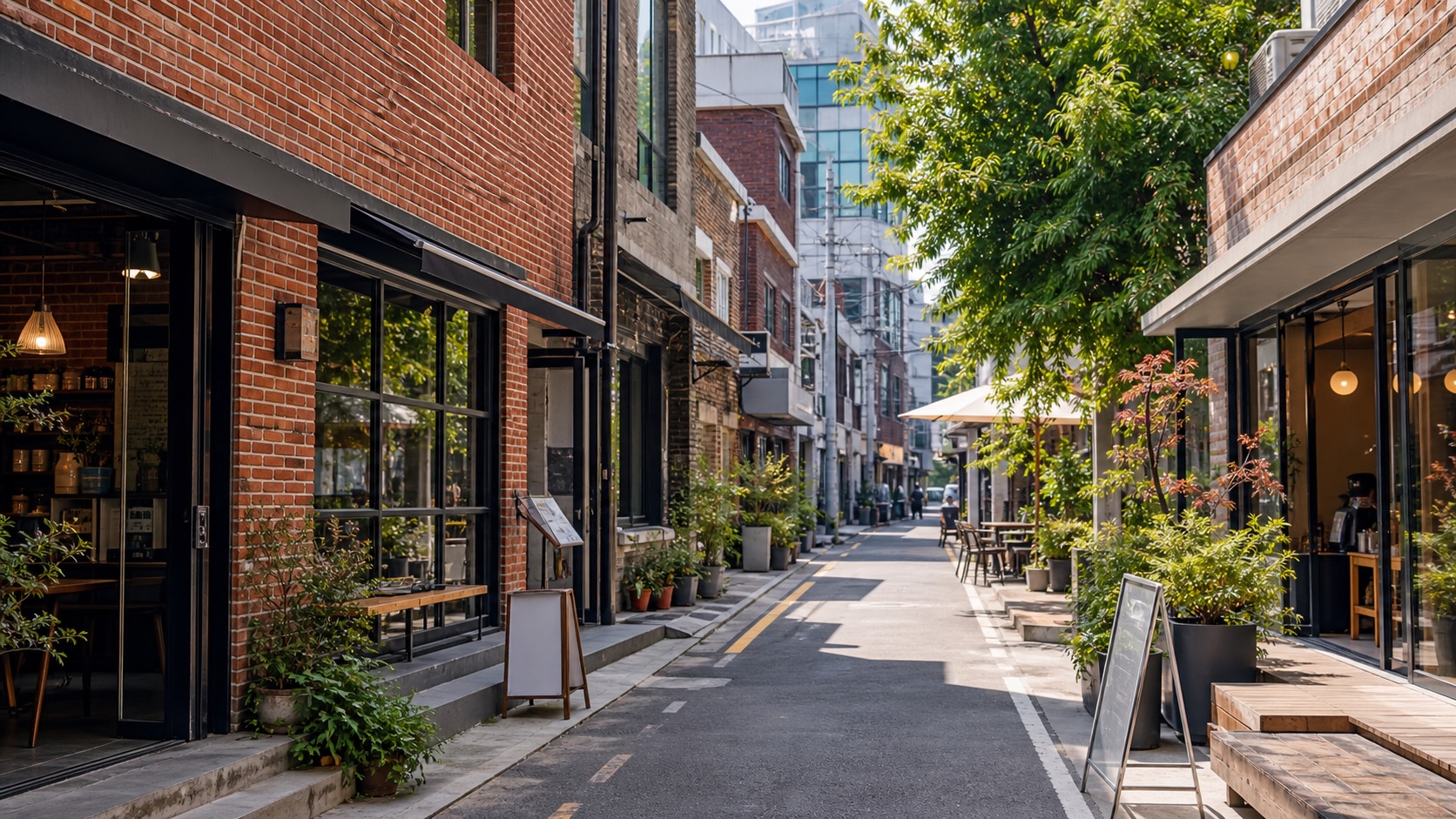 Modern Seoul cafe street with Seongsu-inspired brick buildings, small shops, and relaxed travelers