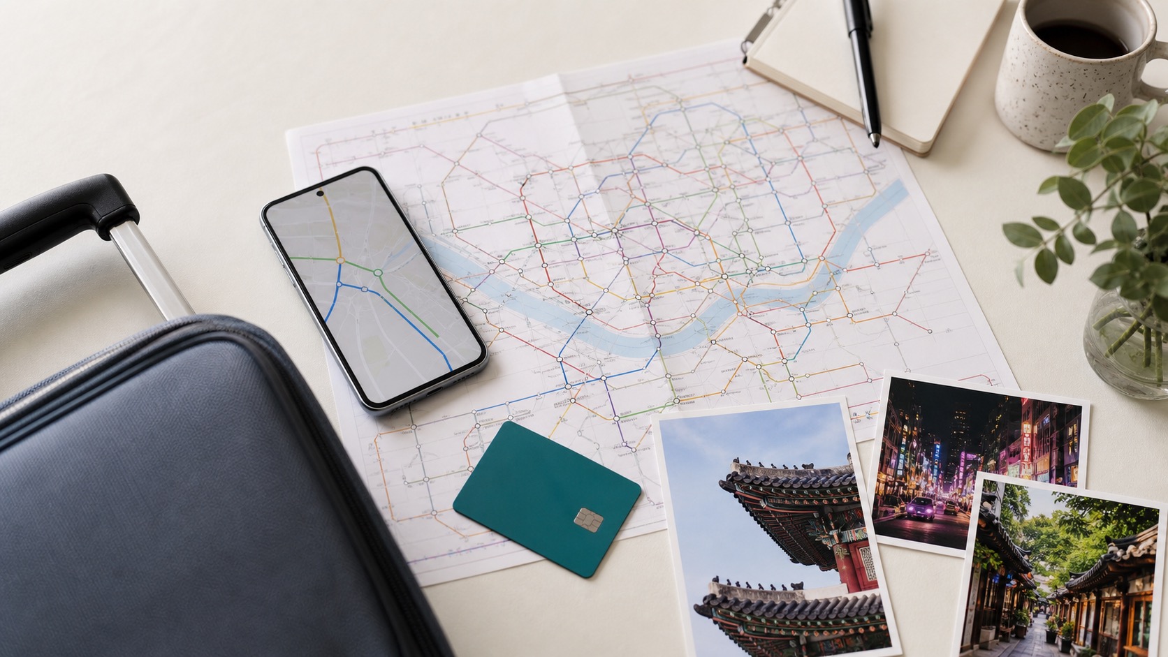 Three day Seoul itinerary map-style hero with suitcase, subway card, palace roof, Myeongdong lights, and cafe street