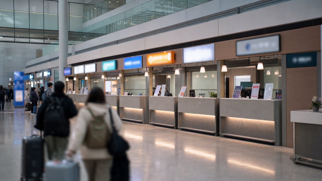 Incheon Airport arrivals area with Korean mobile carrier SIM card counters visible in the background