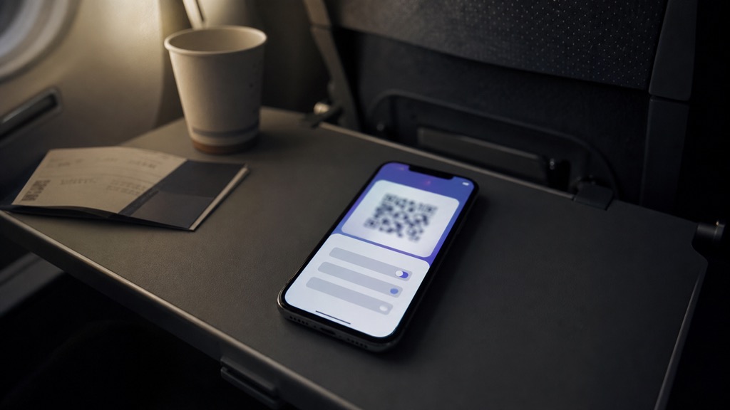 Close-up of a smartphone on an airplane tray table showing an eSIM activation QR code screen before landing in Korea