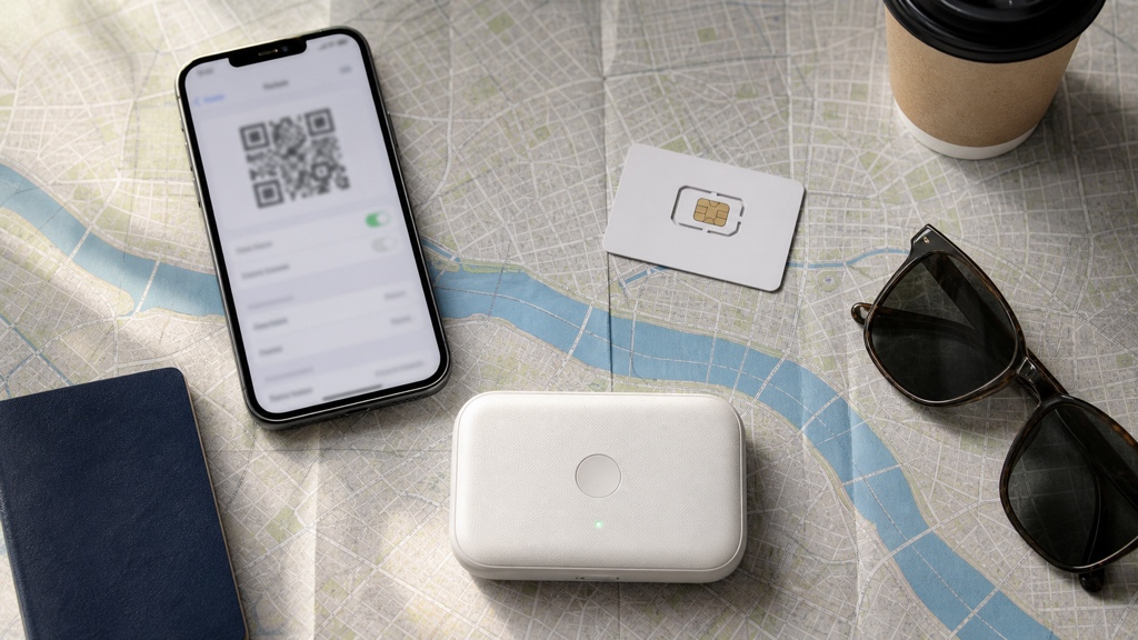 Flat lay comparison of an eSIM QR code on a smartphone screen, a physical SIM card, and a pocket Wi-Fi router arranged on a wooden table with a Korean travel map