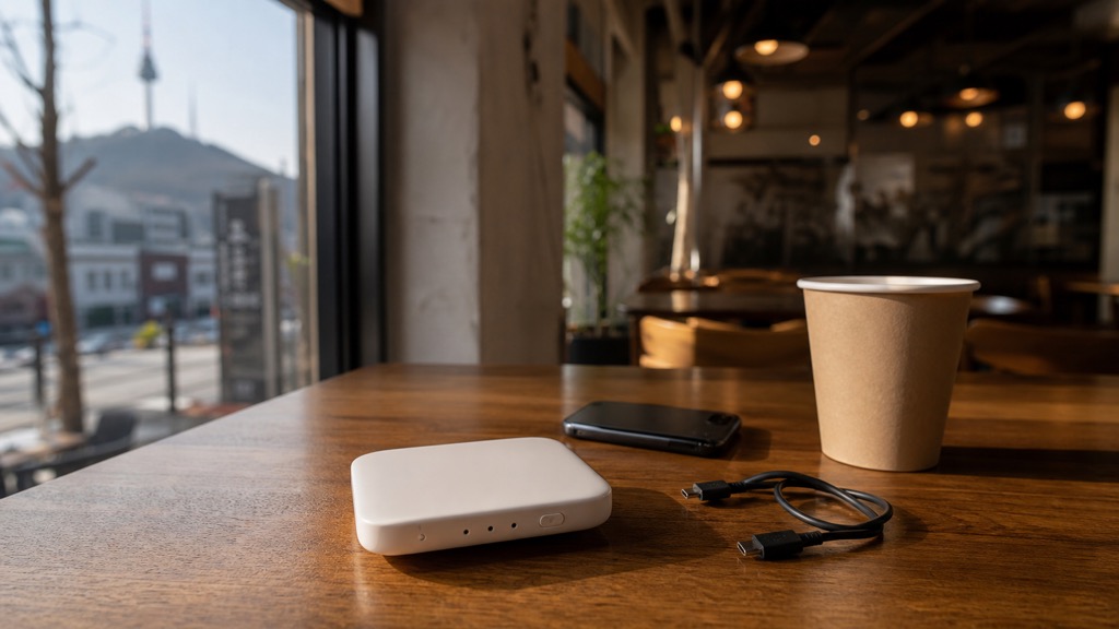 Portable pocket Wi-Fi router device on a wooden cafe table next to a smartphone and travel guidebook in Seoul