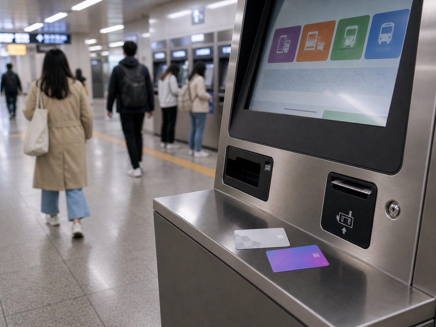 Seoul subway ticket machine with transit card recharge screen