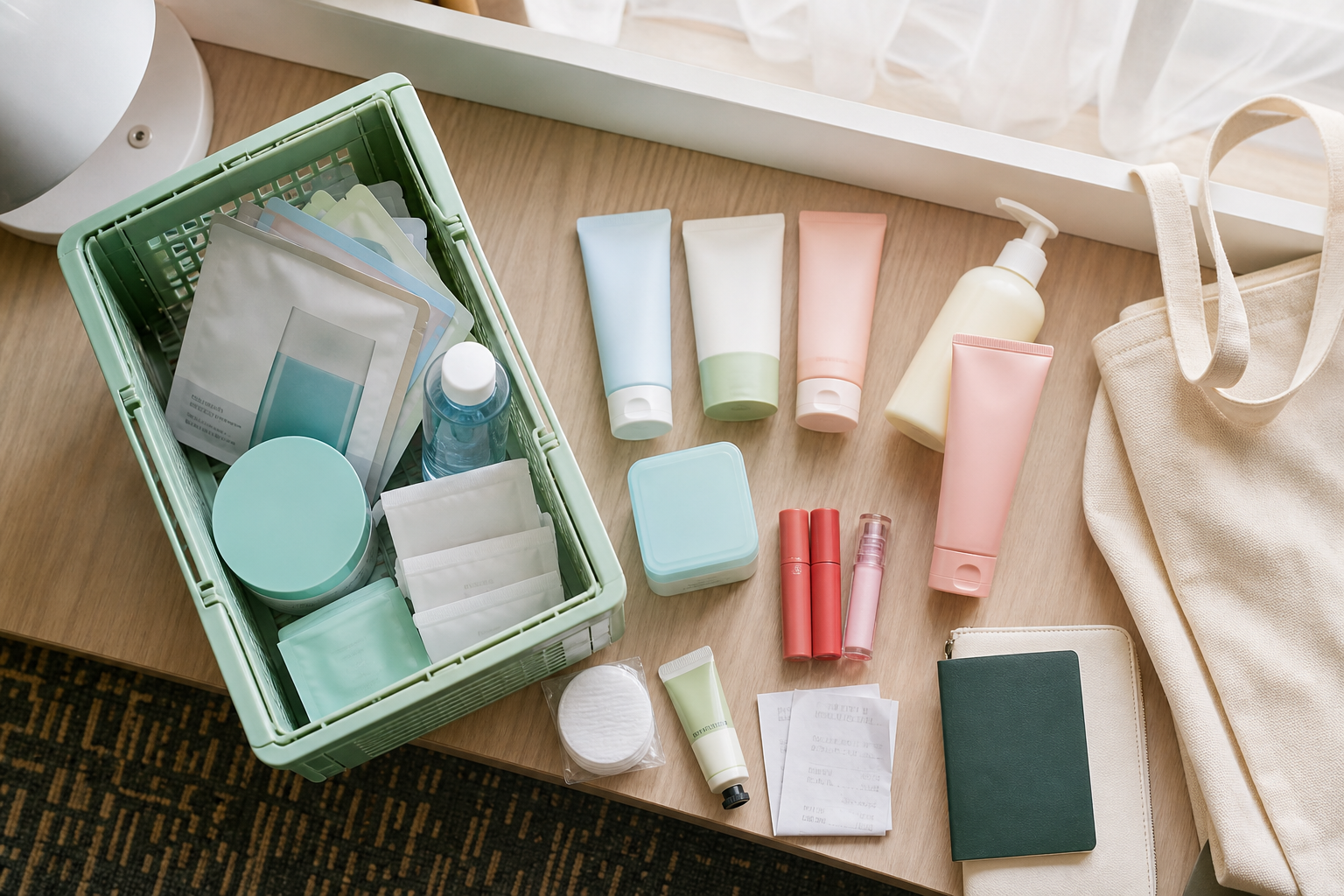 K-beauty shopping basket with sunscreen, sheet masks, lip tints, hair care, and receipt