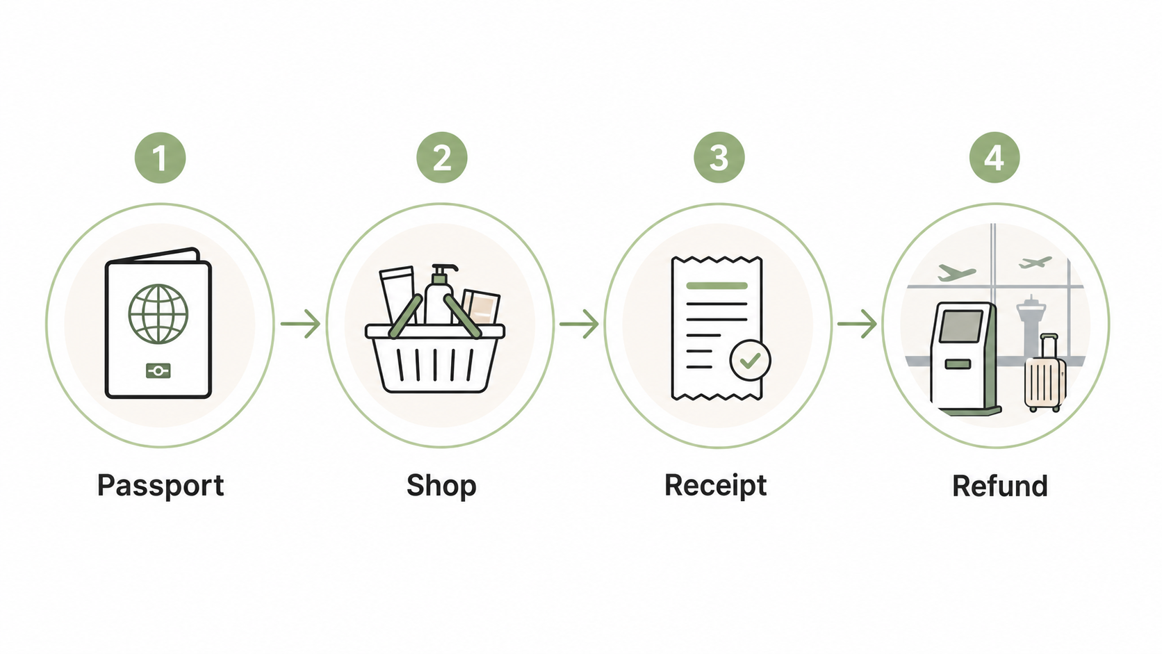 Four-step tax refund flow for tourists: passport, shop, receipt, refund