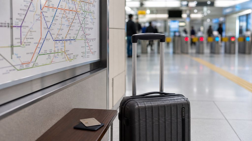 Suitcase, Seoul subway map, and hotel key card for where to stay in Seoul