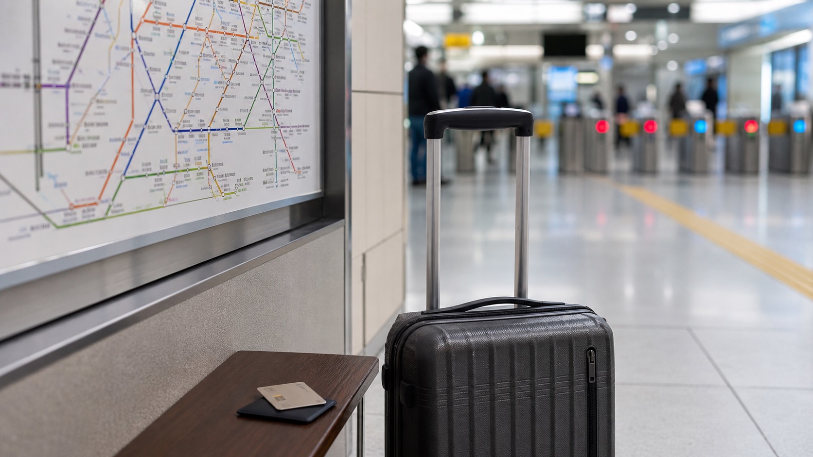 Suitcase, Seoul subway map, and hotel key card for where to stay in Seoul