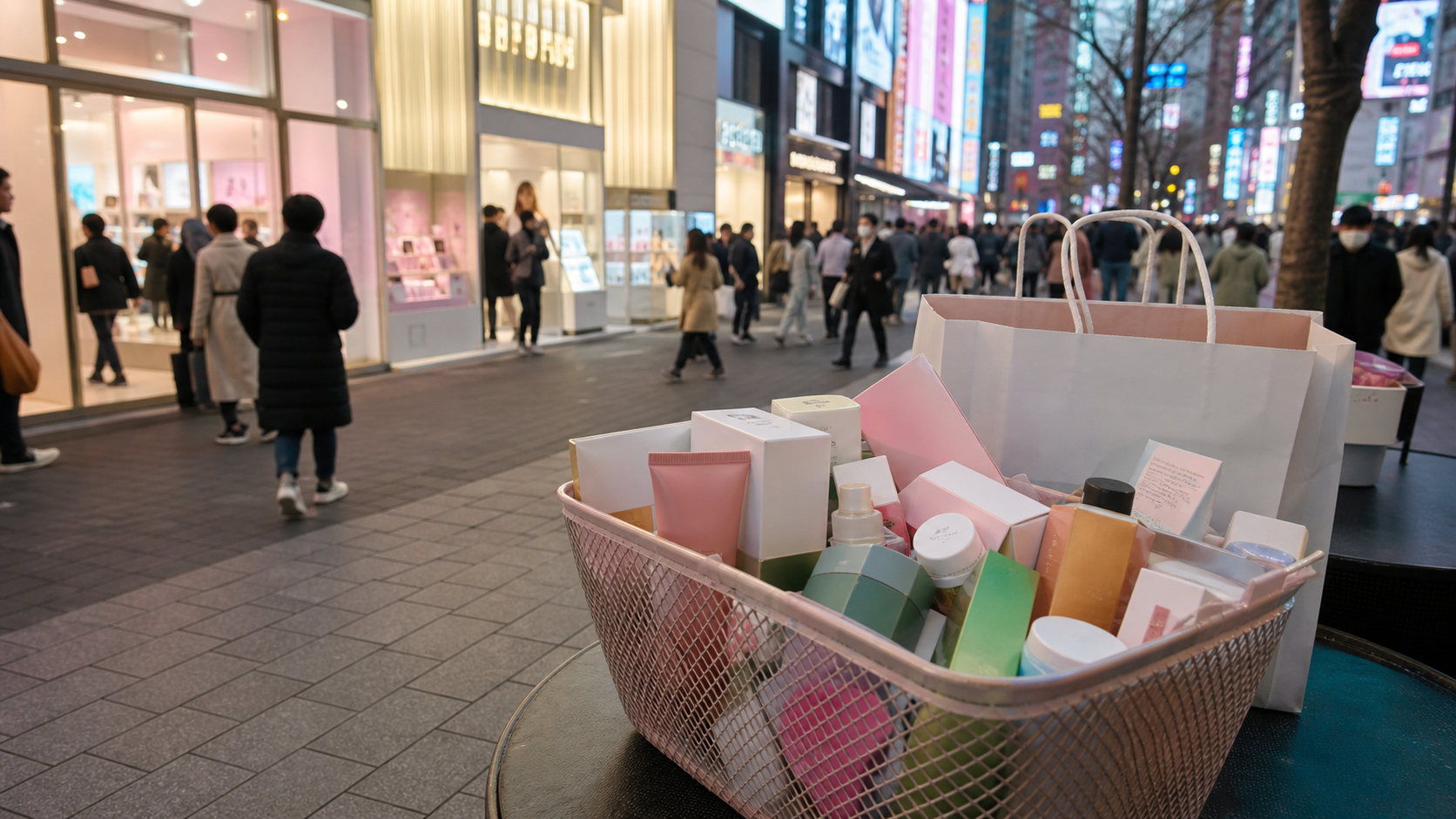 K-beauty shopping basket on Myeongdong shopping street in Seoul