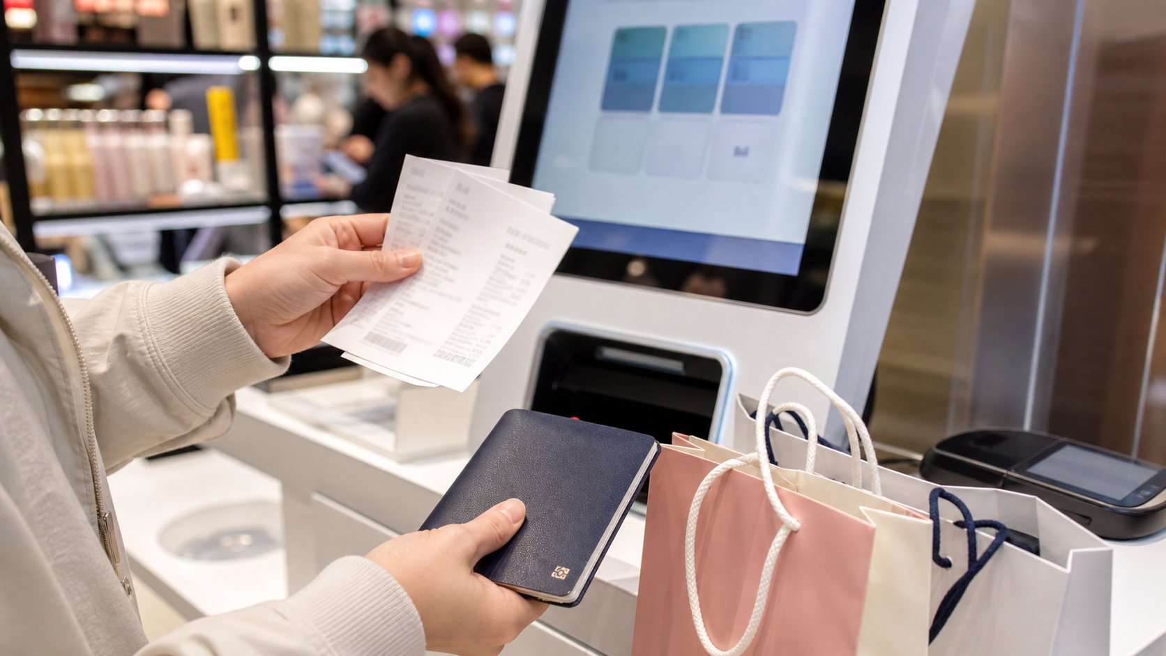 Tourist preparing receipts at a tax refund kiosk after shopping in Myeongdong Seoul