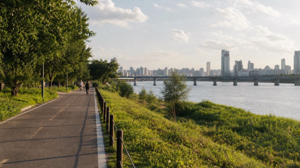Riverside walking path near Ddukseom Han River Park close to Seongsu Seoul