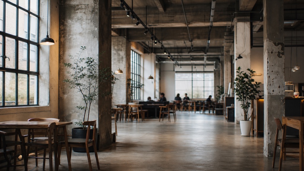 Converted warehouse cafe interior with concrete walls and large windows in Seongsu Seoul