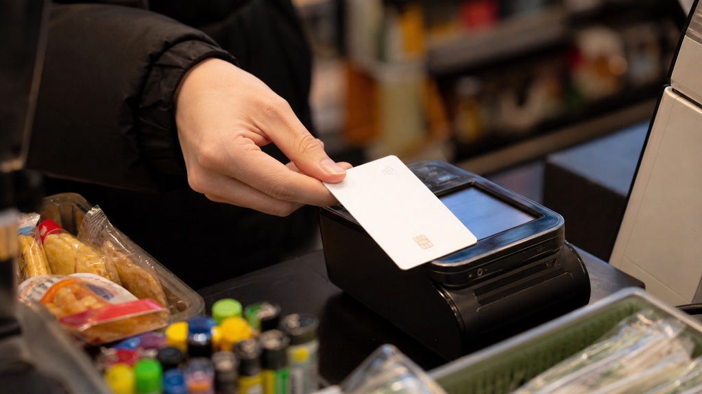 Tourist paying by contactless card at a Seoul convenience store counter
