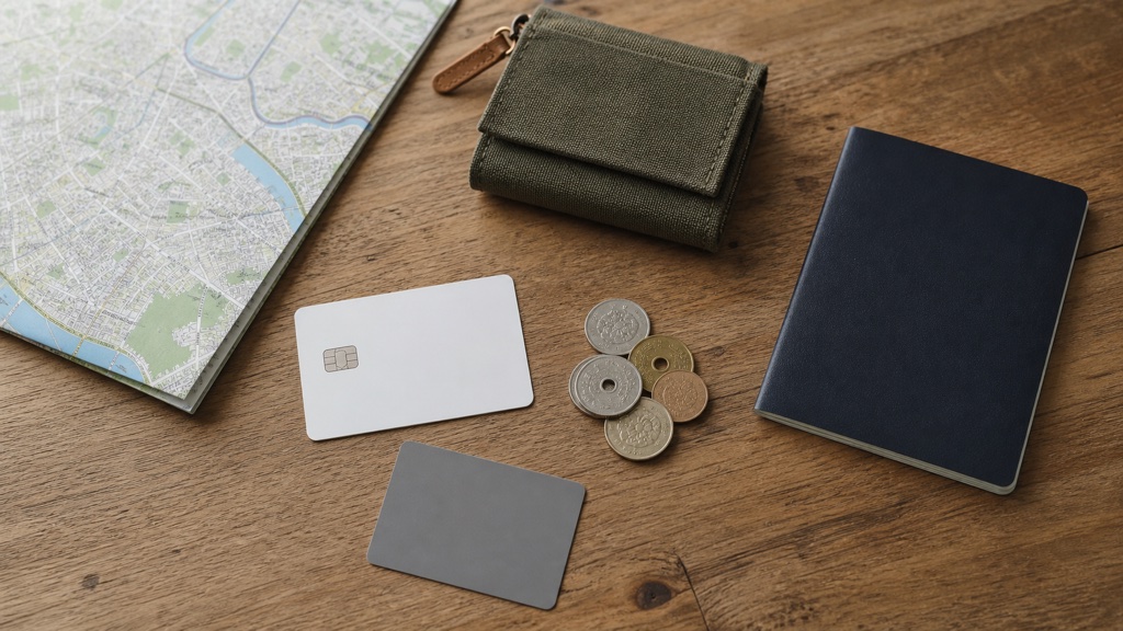 A travel debit card, a transit card, Korean coins, a passport, and a small wallet arranged on a table for a Seoul money guide