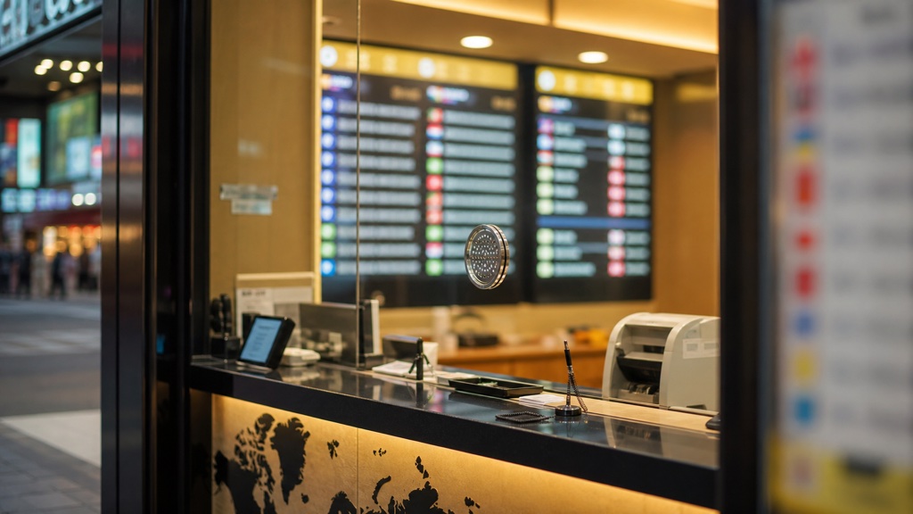 Currency exchange office counter in a Seoul shopping district where tourists change cash into Korean won