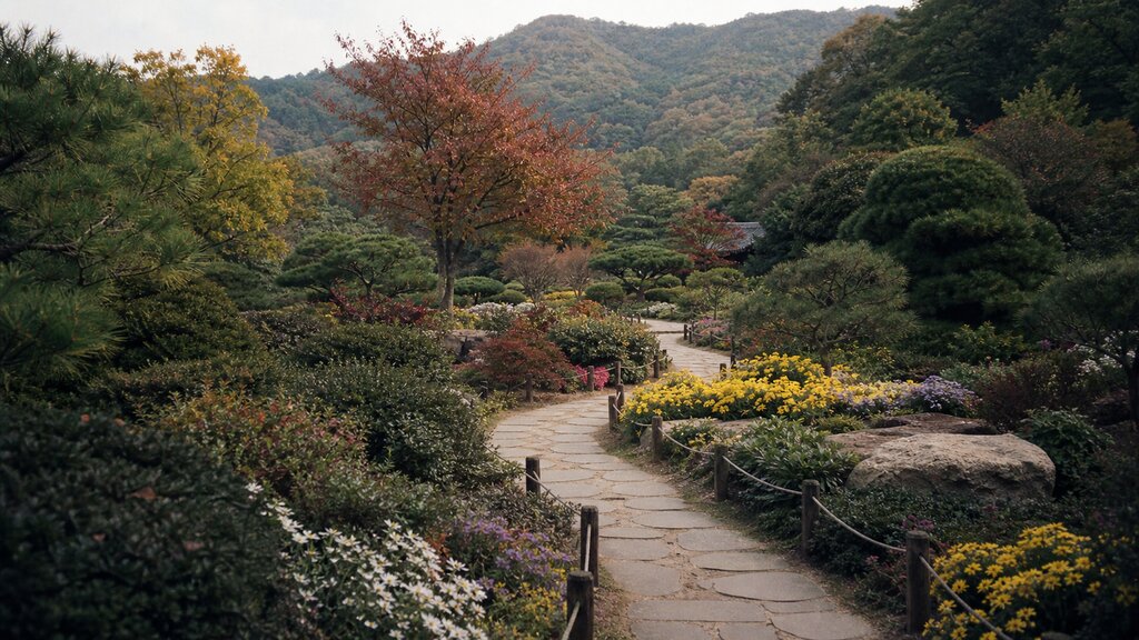 A colorful arboretum scene near Gapyeong with flower beds and autumn foliage along winding garden paths