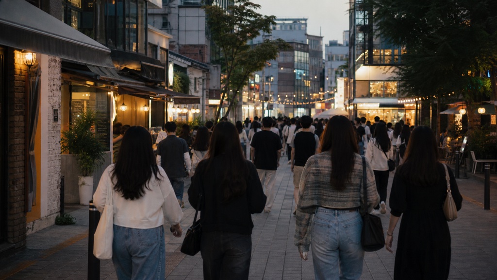 Hongdae Seoul busy pedestrian street with shops and cafes in the evening