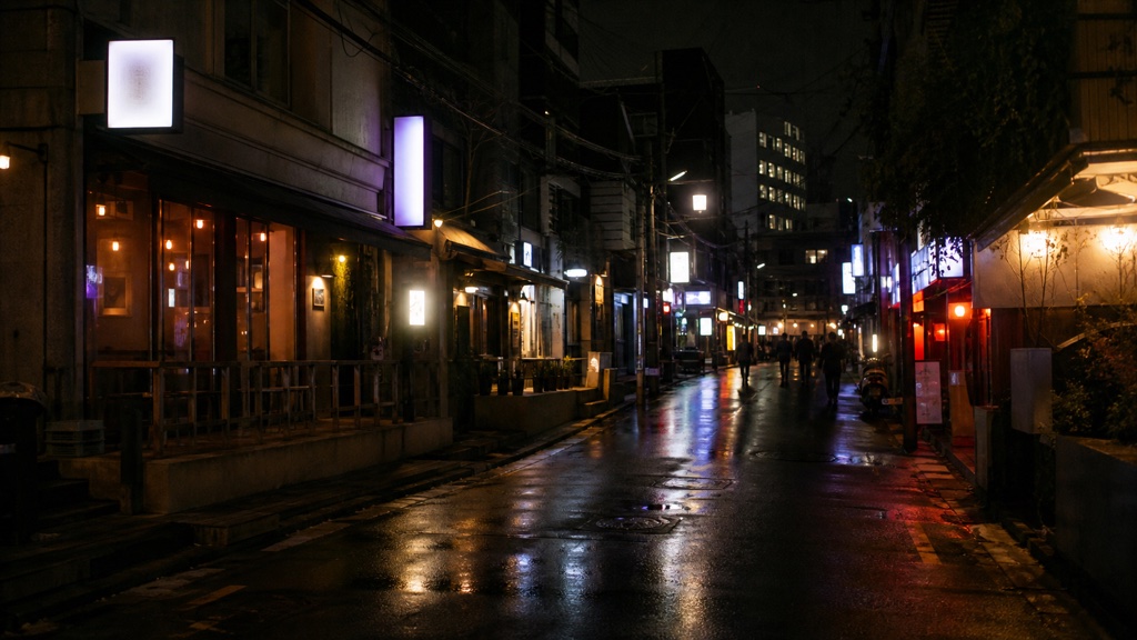 Hongdae bar street at night with neon signs near Sangsu in Seoul