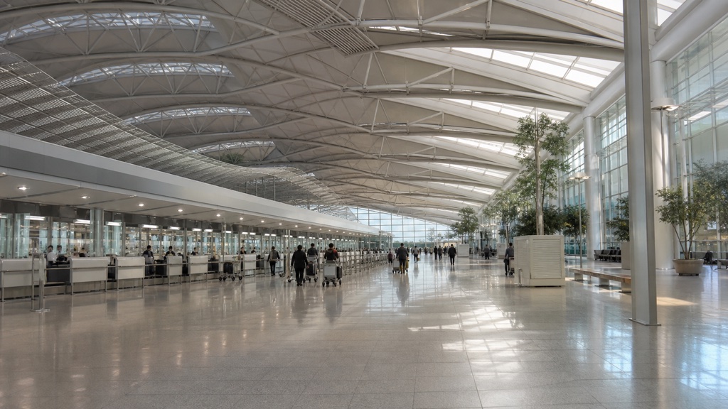 Departure hall at Incheon Airport with travelers and luggage near check-in counters