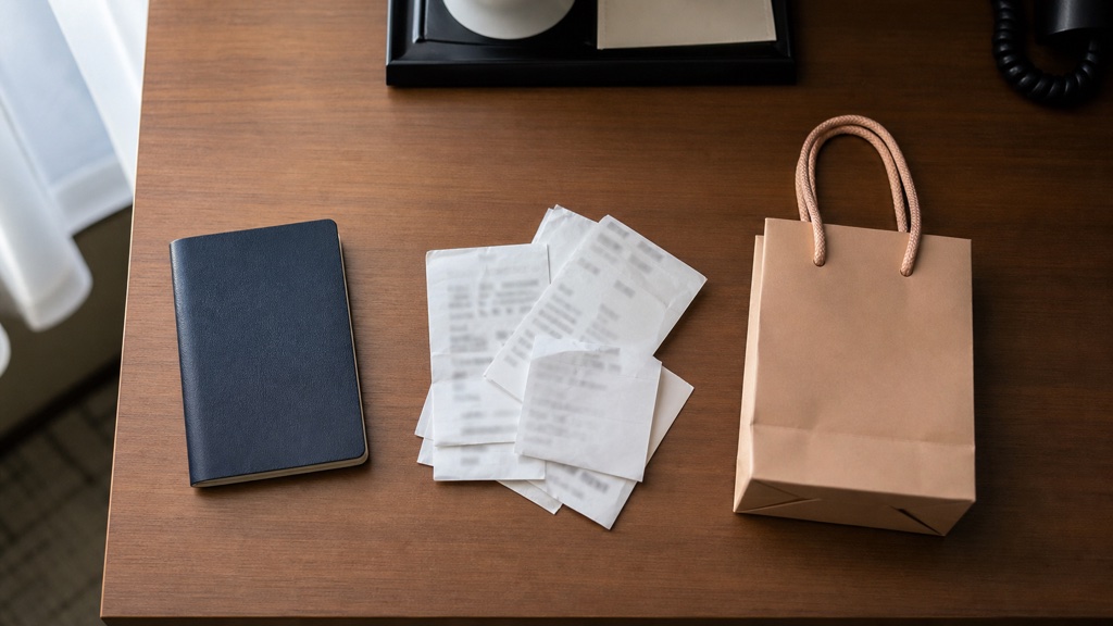 Passport with tax refund receipts and a shopping bag prepared for the airport refund process