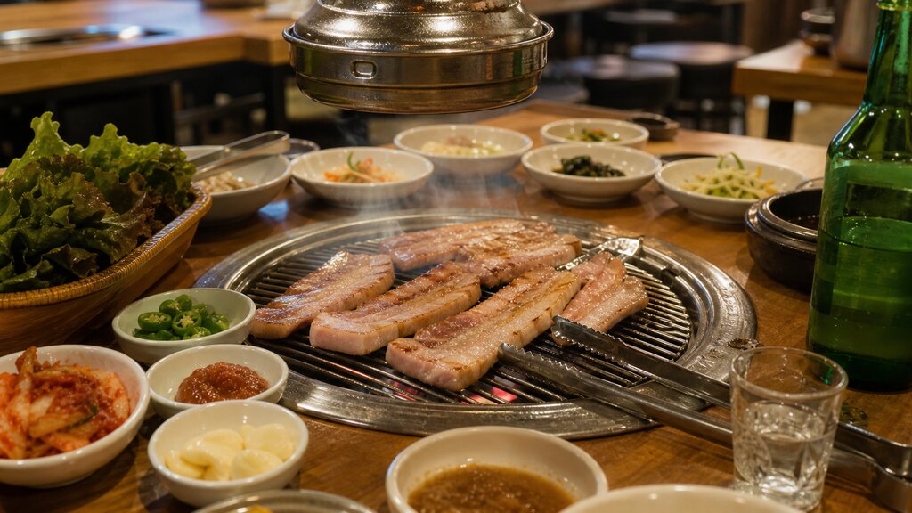 Korean BBQ table in Seoul with pork belly grilling over charcoal and side dishes