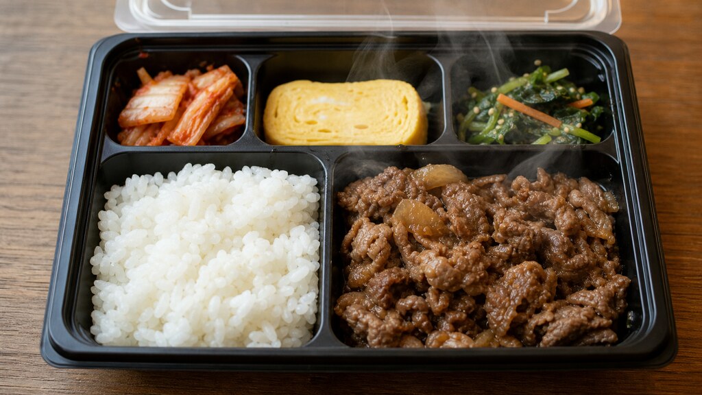 An open compartmentalized Korean lunchbox fresh from the microwave, steam rising, with white rice in one section and marinated meat and small side dishes in the others