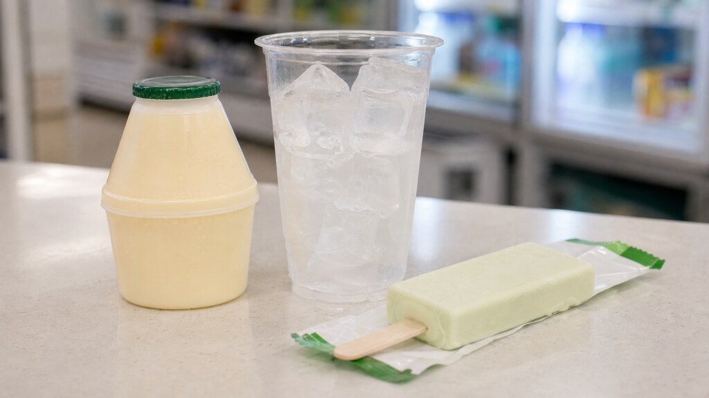 A small spread of Korean convenience-store drinks and snacks on a counter — a short round bottle of banana-style milk, a tall cup of ice, and a green melon ice-cream bar, all with plain unbranded packaging