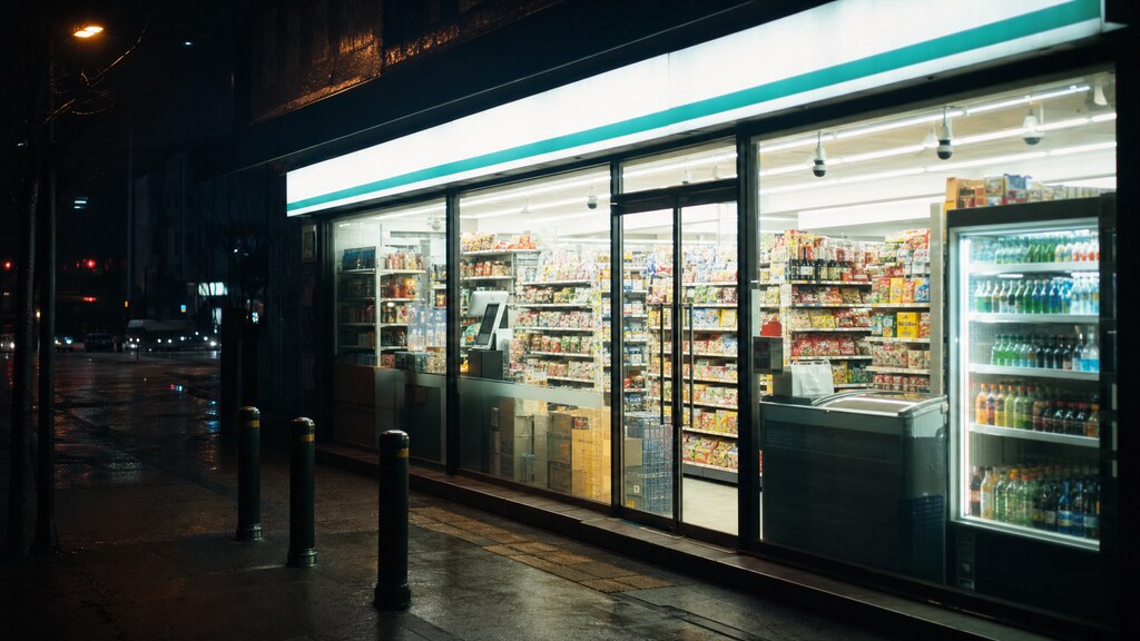 A brightly lit Korean convenience store at night seen from the street, glowing glass front with rows of stocked shelves and a chiller of drinks inside