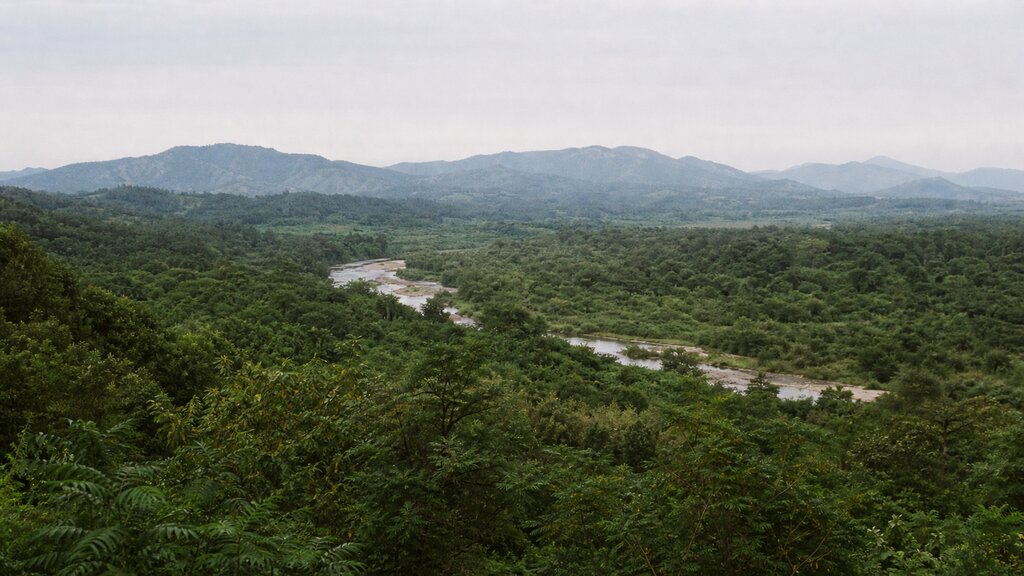 A wide view across the green demilitarized buffer zone toward distant hazy hills