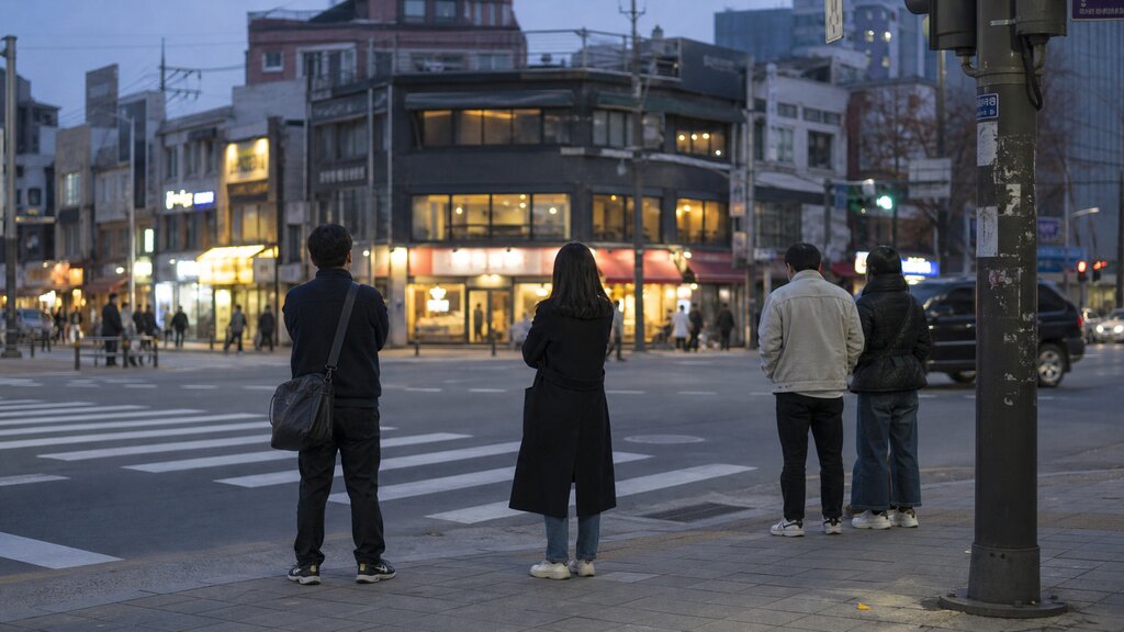 A calm Seoul street in the early evening with pedestrians waiting at a crosswalk signal