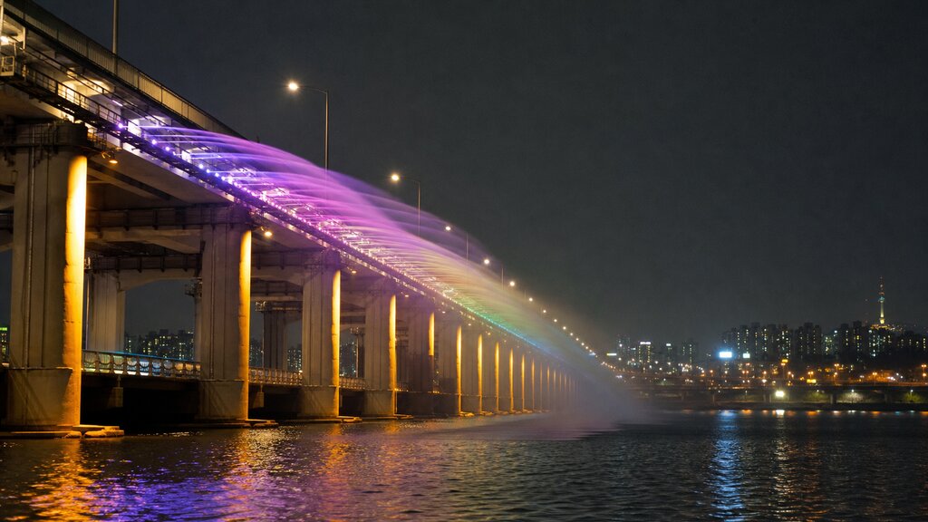The Banpo Bridge fountain arcing colorful lit water into the river at night against the dark skyline