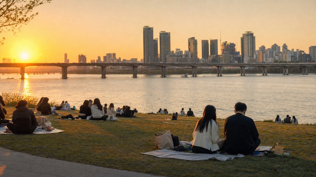 A Han River park at golden-hour sunset with people relaxing on picnic mats, the Seoul skyline and a bridge across the calm water