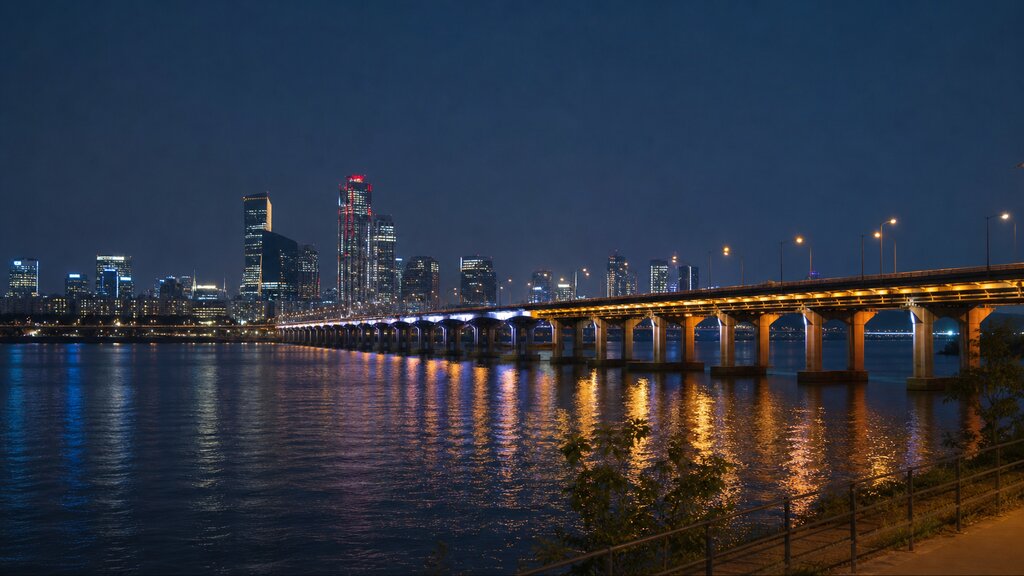 The Han River at night with a lit bridge and the illuminated Seoul skyline reflected on the dark water