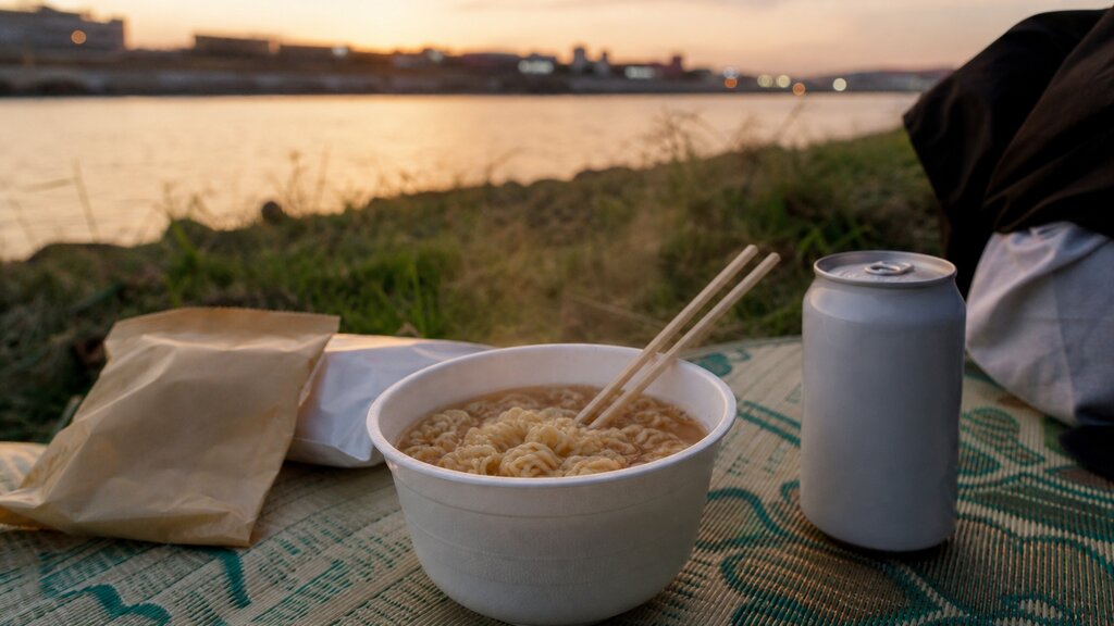 A steaming cup of instant ramen with convenience-store snacks and a canned drink on a picnic mat by the river