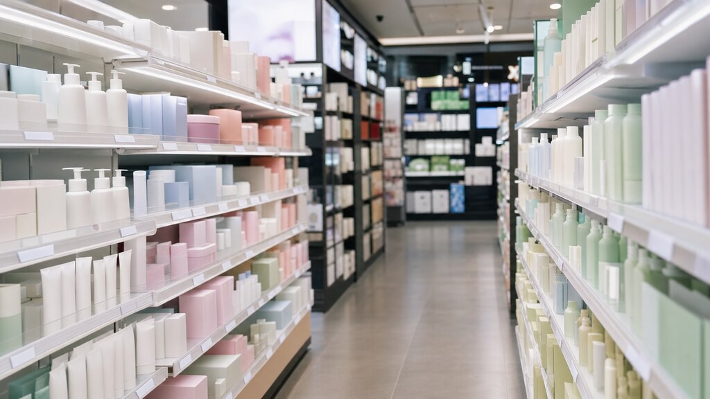 A brightly lit Korean beauty store aisle with shelves densely packed with skincare boxes, bottles and tubes stretching down both sides
