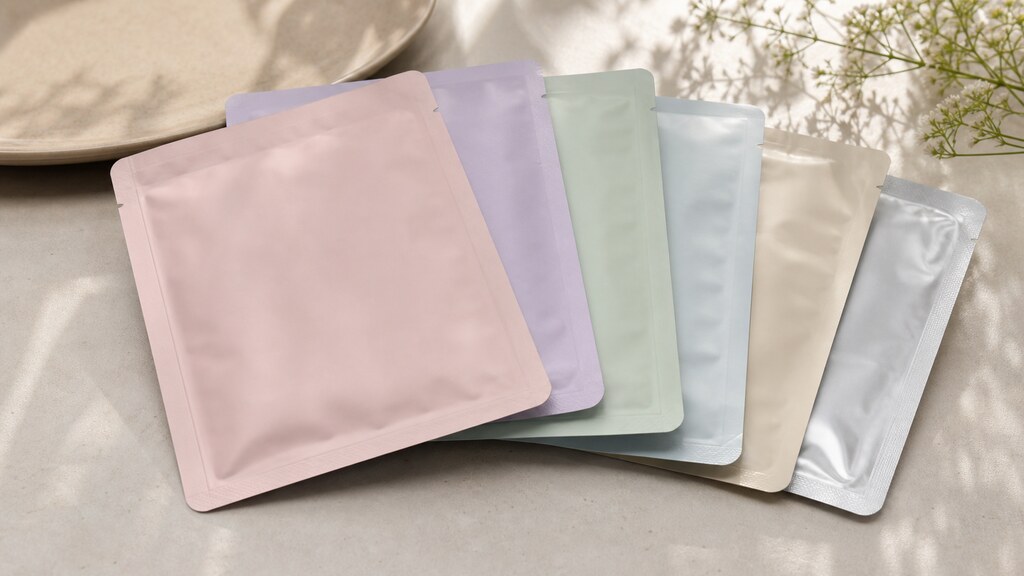 A stack of flat foil sheet-mask sachets fanned out on a table, plain and unlabeled, showing the thin rectangular packets Korean masks come in