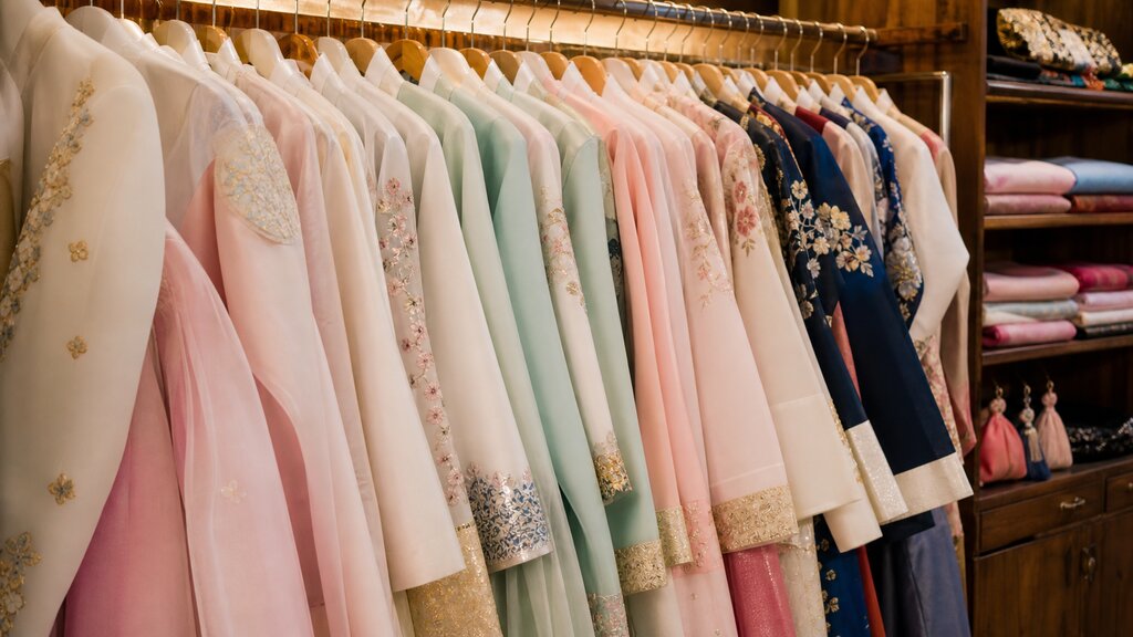 A rack of colorful rented hanbok in pinks, greens, and blues inside a rental shop near Gyeongbokgung