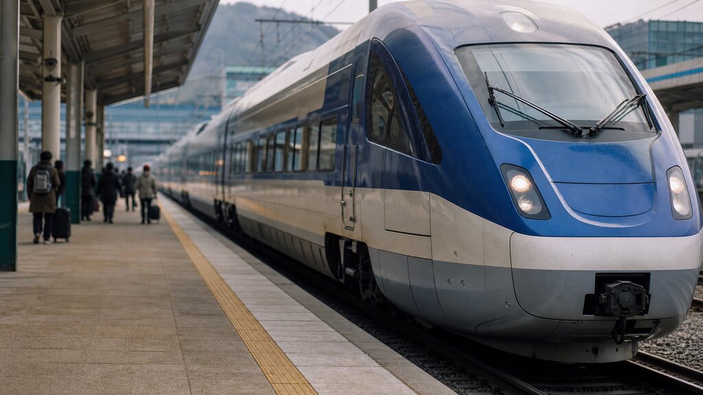 An ITX-Cheongchun train waiting at a station platform on the Gyeongchun Line toward Gapyeong